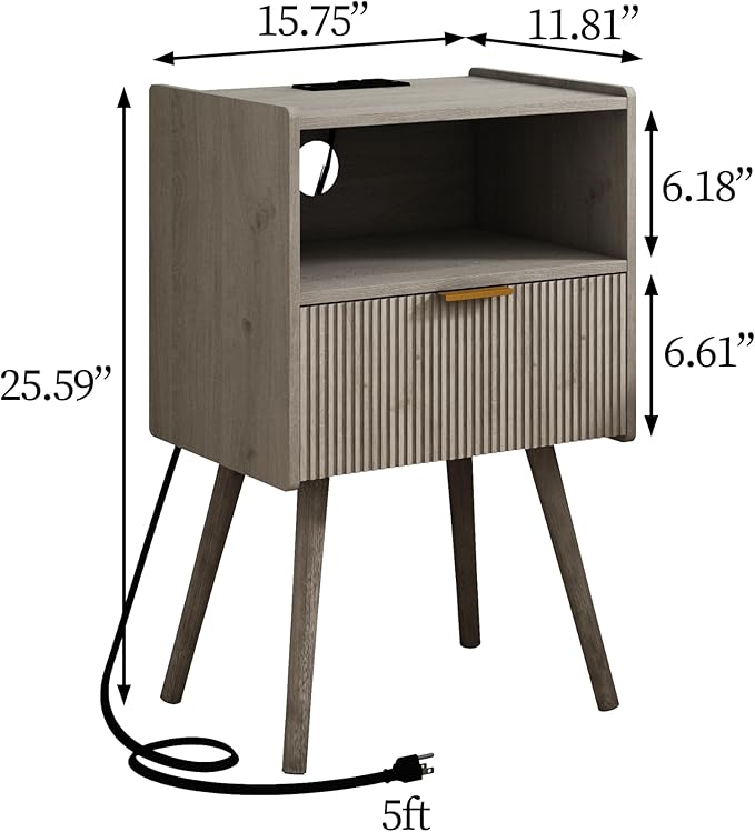 Nightstand with Outlet,Modern Bedside Table with Storage Drawer and Open Wood...