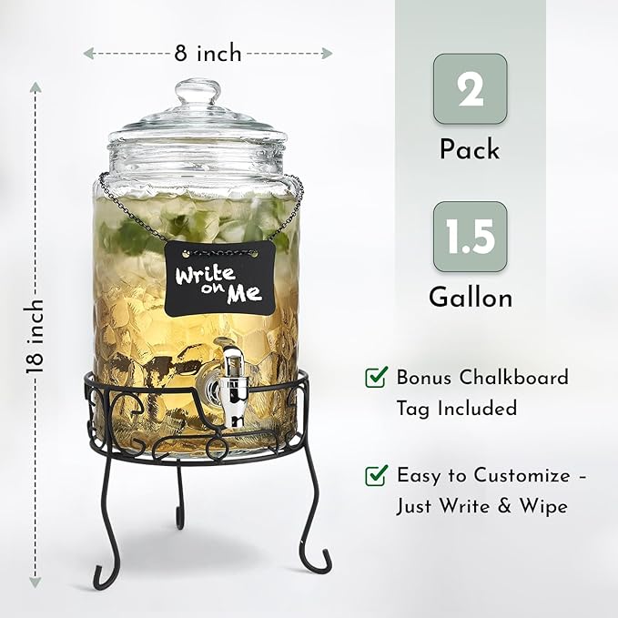 2 PACK 1.5 Gallon Drink dispenser, Classic Hammered Glass Beverage Dispenser - Image 2