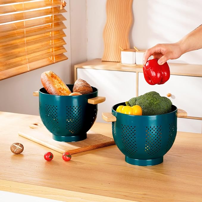 Metal Colander with Wood Handle, Powder Coated Steel Large Kitchen Strainer - Image 3