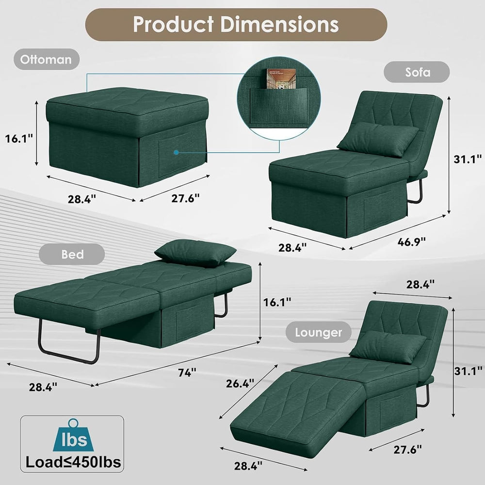 Ottoman Bed Sleeper, 28" Convertible Sleeper Chair Bed, Green