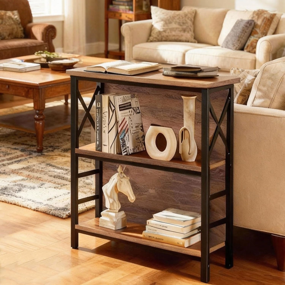 MNEETRUNG Book Shelf, Small 3-Tier Industrial Bookshelf with Strong Metal Fra...