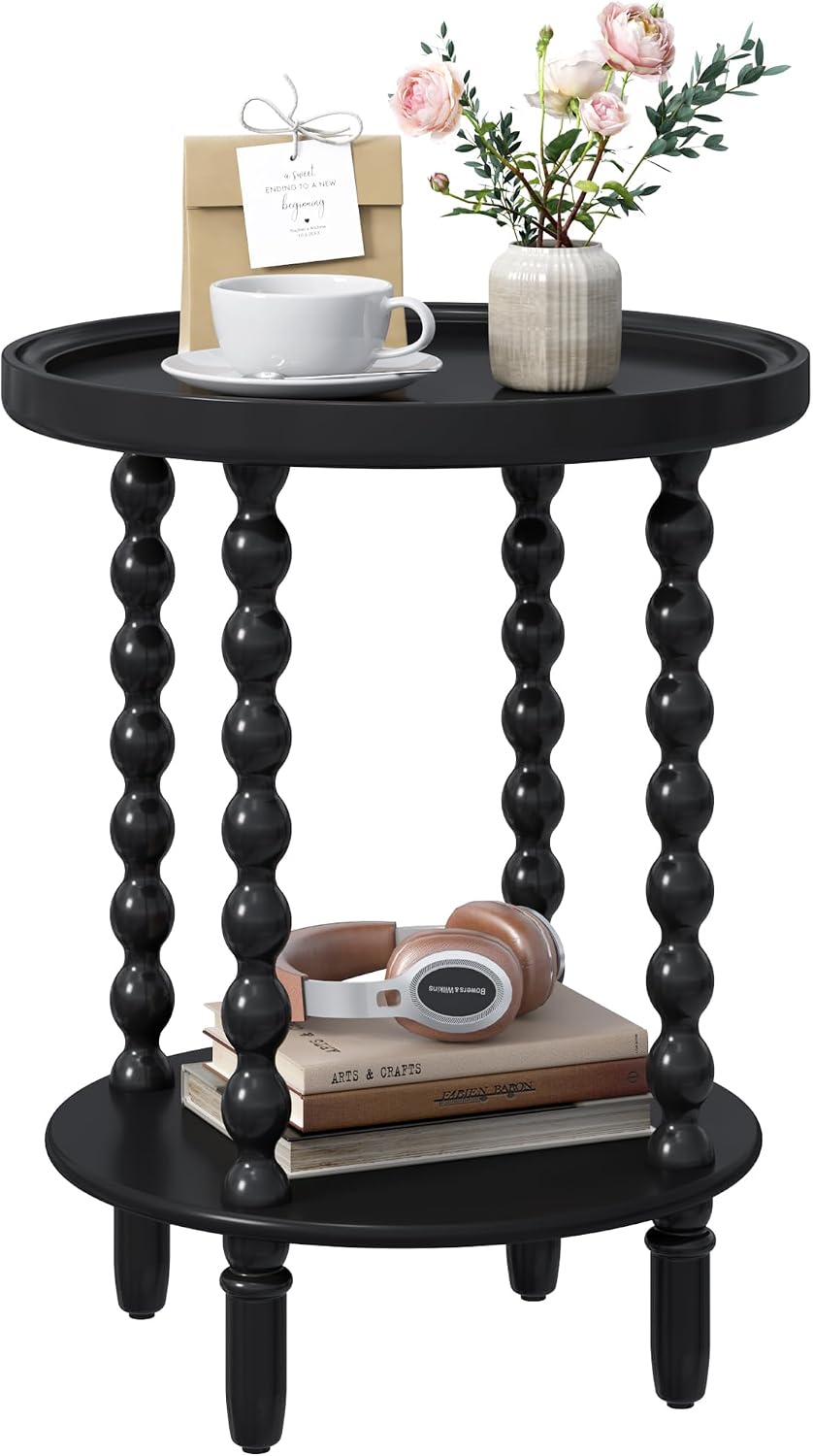 2 Tier Round Side Table with Storage Shelf,Accent Tray End Table with Modern ...