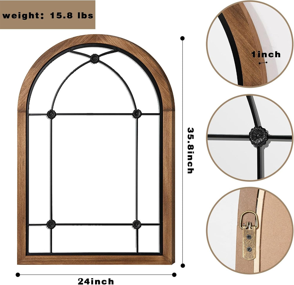 blue page Arched Wall Mirror 36x24 Inch Farmhouse Wood Frame, Dot Brown