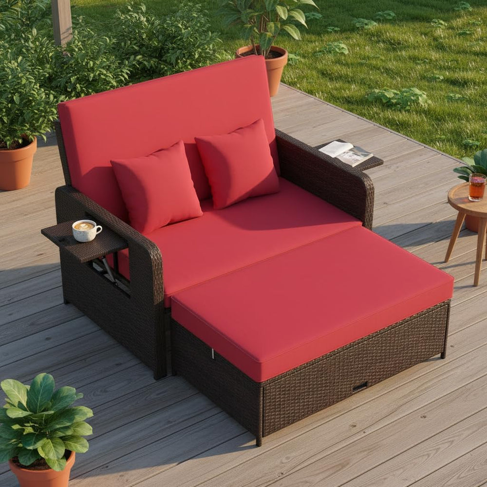 Tangkula Patio Rattan Daybed with 4-Level Adjustable Backrest, Red Cushion