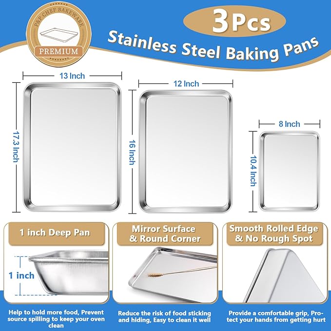 P&P CHEF 17.5 + 16 + 10.4 Inch Baking Sheet and Rack Set, Stainless Steel