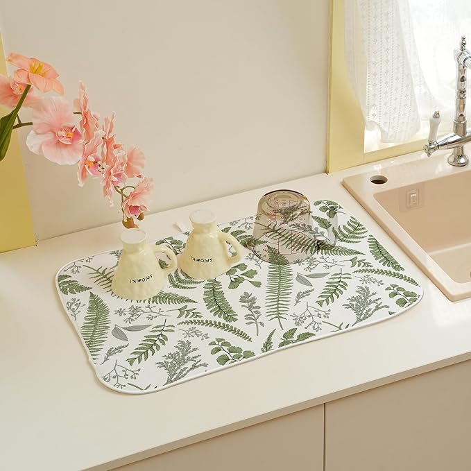 Sage Green Herb Leaves Dish Drying Mat 18 x 24 Inch Vintage Sage Green Leaf - Image 5