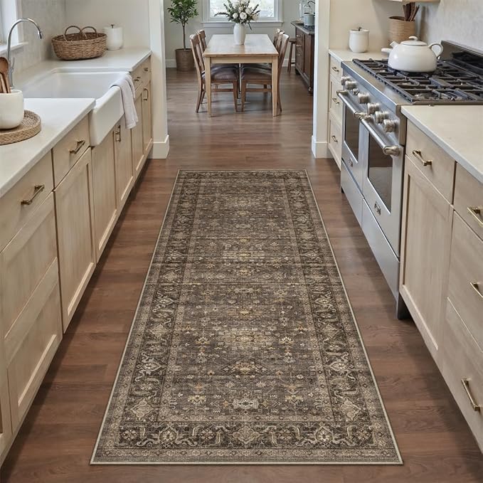 2x6 Washable Runner Rug for Hallway Kitchen Vintage Brown Non Slip Low Pile - Image 4