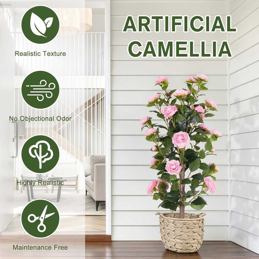 DLD 2-Pack 3FT UV Resistant Red Artificial Camellia Flowers, Vibrant Faux Cam...