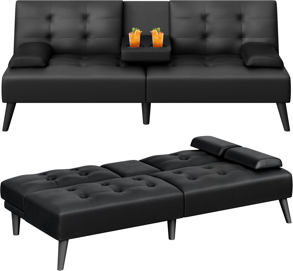 64" Futon Sofa Bed, Small Couch with 2 Cup Holders, Black