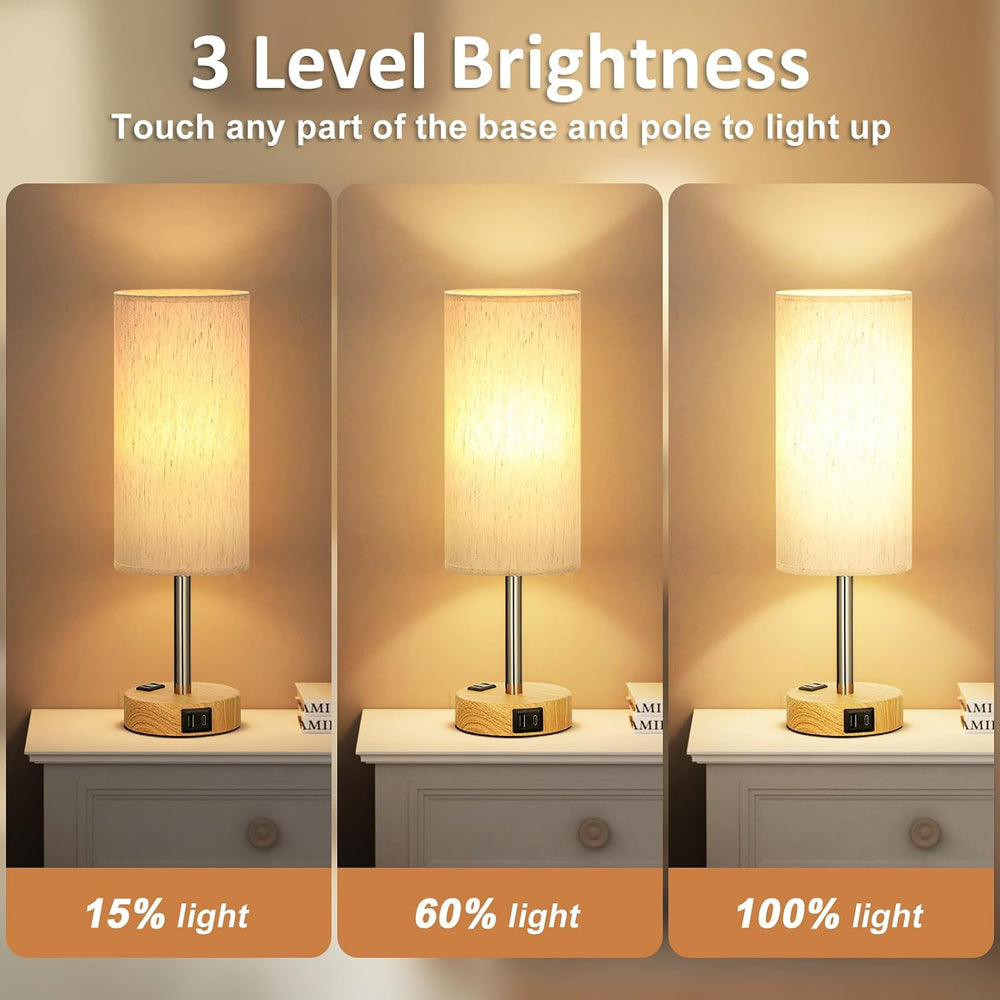Bedside Table Lamp Set of 2 - Dimmable Touch, USB A+C, AC Outlet