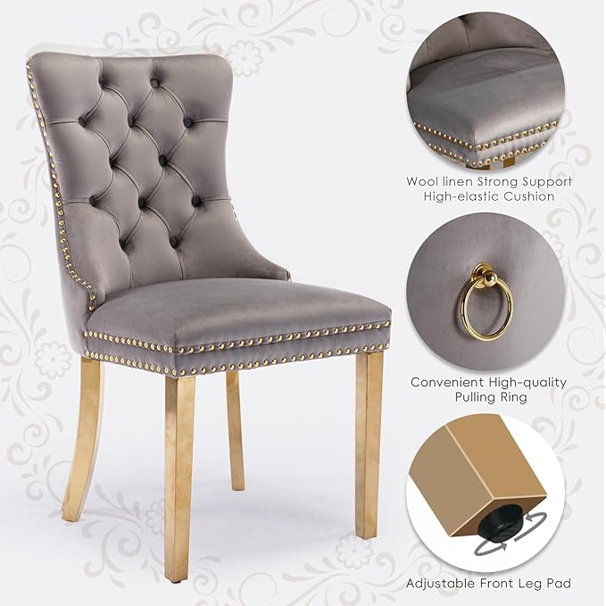 Velvet Upholstered Dining Chairs Set of 2, Modern Style Kitchen Side Chairs w...
