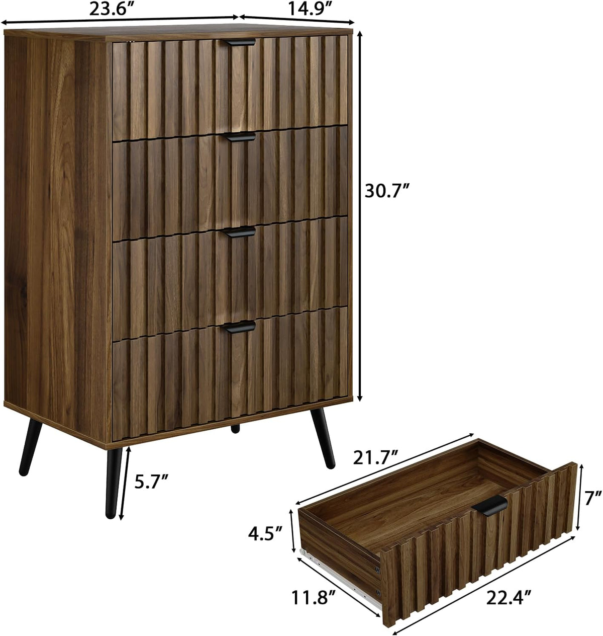 walnut fluted 4 drawers dresser for bedroom, chest shown in use