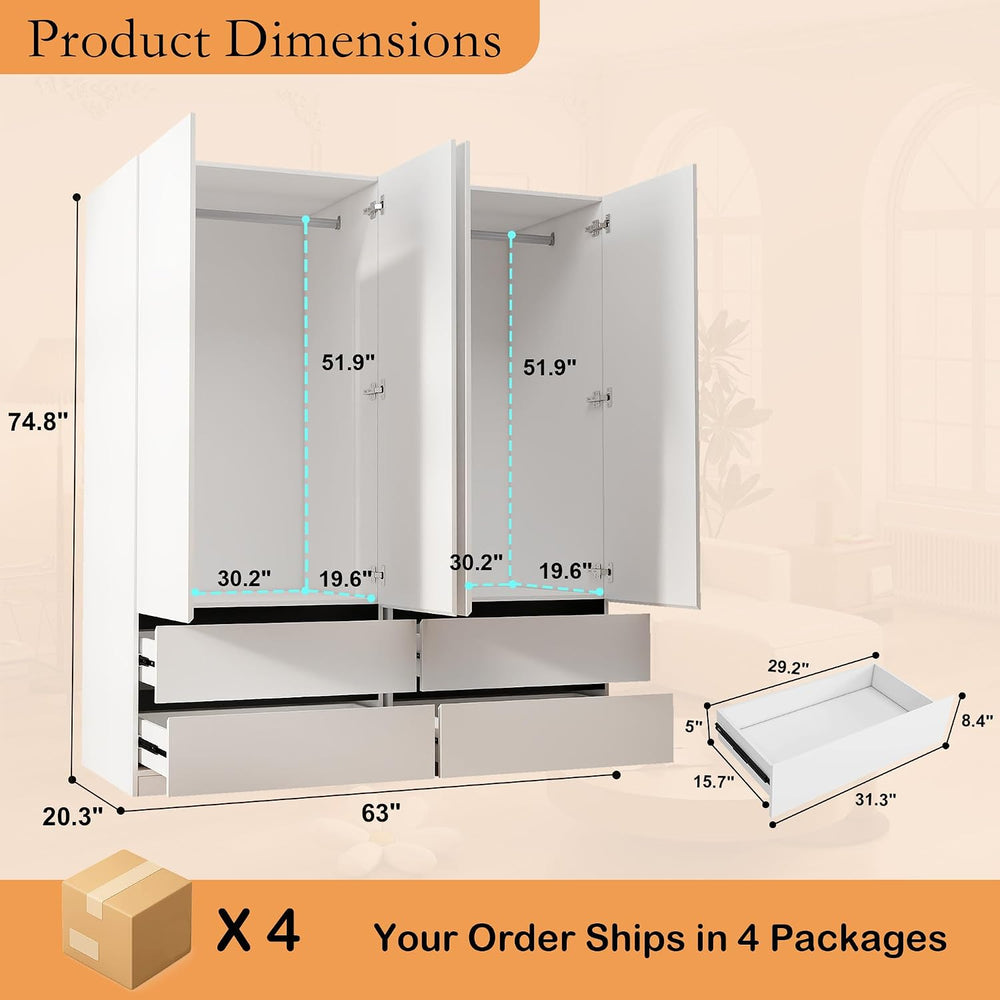 White Armoire Wardrobe Closet with 4 Drawers, 75" Tall x 63" Wide