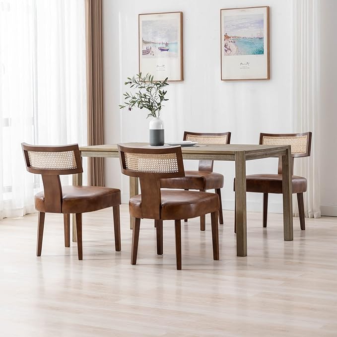 Mid Century Modern Dining Chairs Set of 4 Rattan Kitchen Chairs PU Leather Up...
