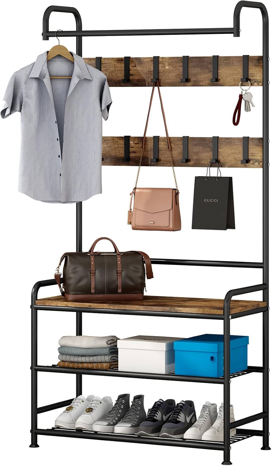 LINZINAR Coat Rack Hall Tree with Bench and Shoe Storage 3 in 1 Entryway | St...