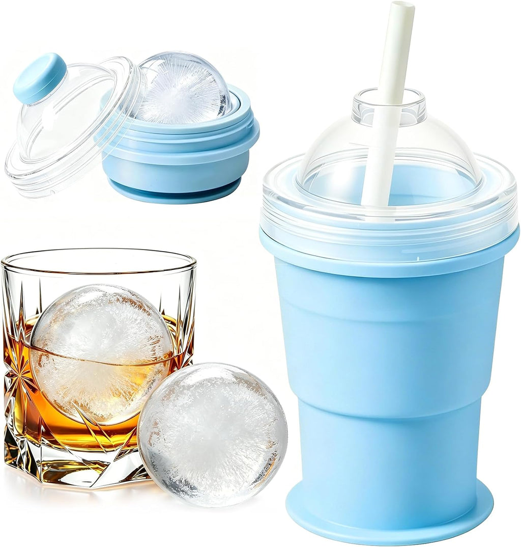 2-in-1 Collapsible Silicone Ice Ball Maker Cup, Reusable Portable Large Ice Sphere Mold with Straw & Lid, Easy to Demo, Leakproof Travel Ice Mold Cup for Coffee,Whiskey,Juice Gym Outdoor-Blue