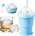 2-in-1 Collapsible Silicone Ice Ball Maker Cup, Reusable Portable Large Ice Sphere Mold with Straw & Lid, Easy to Demo, Leakproof Travel Ice Mold Cup for Coffee,Whiskey,Juice Gym Outdoor-Blue