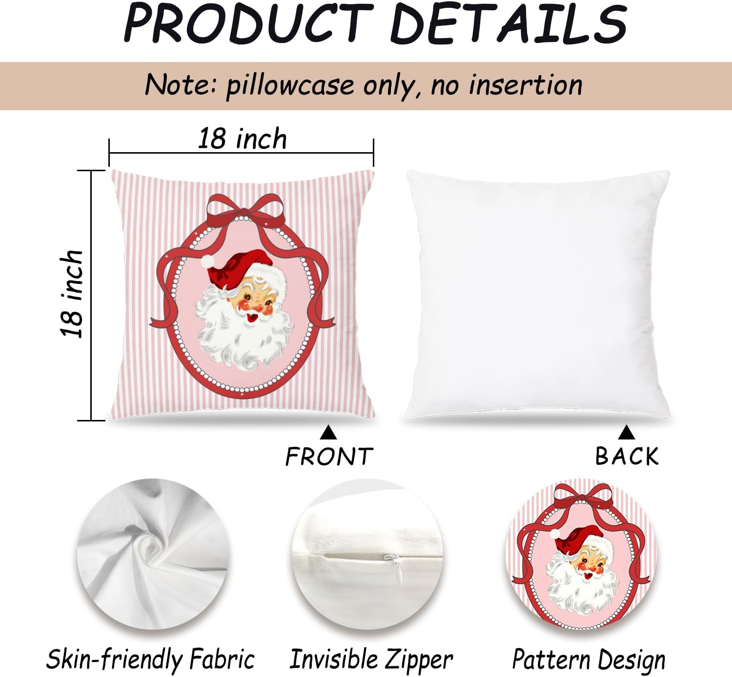 Coquette Red Bow Christmas Santa Pillow Covers 18x18, Preppy Christmas Decor, Girly Xmas Santa Claus Pink Striped Decorative Throw Pillow Covers for Girls Dorm Room Apartment