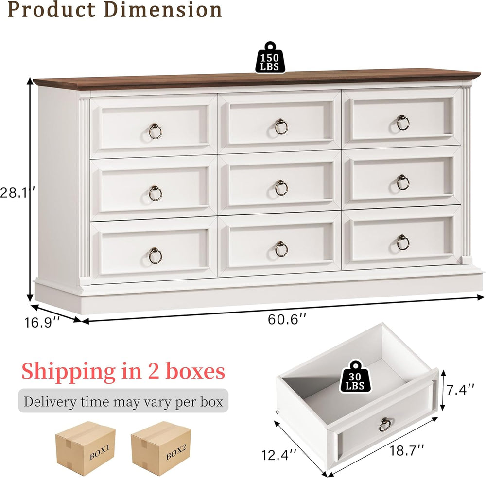 HUAHUU Farmhouse 9 Drawer Dresser for Bedroom, 60" Wide Chest of Drawers...