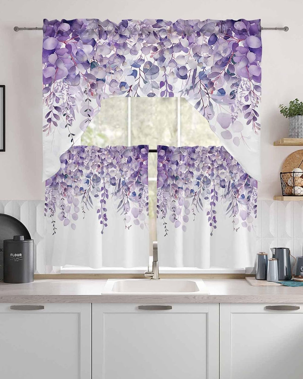 Spring Botanical Swag Curtains Valance and Tier Set, Purple Eucalyptus Leaves...