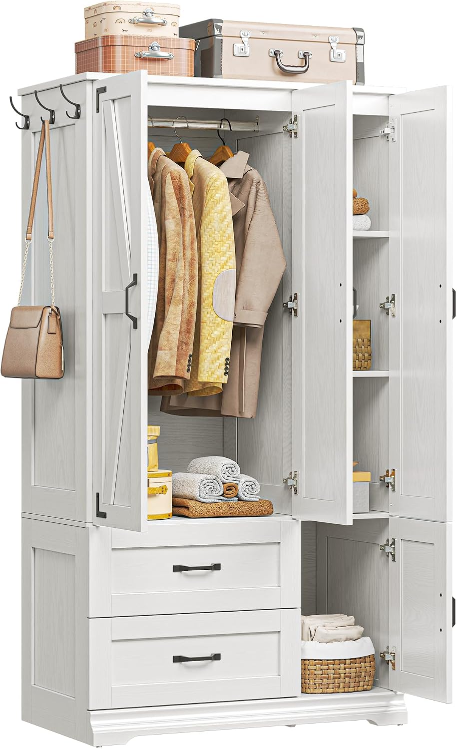 LIKIMIO Armoire Wardrobe Closet 71" with 4 Doors & 2 Drawers, White