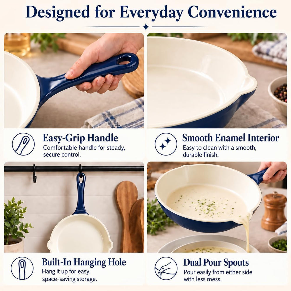 Hisencn Pans Set,8 & 9.5 Inch Ceramic Cast Iron Pans Set,Blue