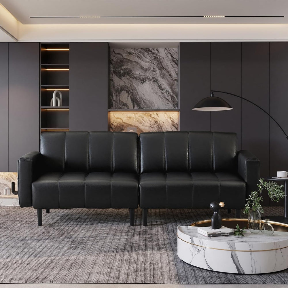 77" Faux Leather Futon Couch,Mid Century Modern Leather Sofa(Black)