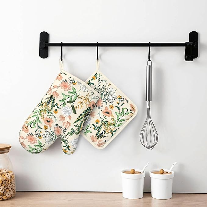 Floral Silicone Oven Mitts Pan Mats Set of 2, Heat Resistant Gloves Potholder - Image 6