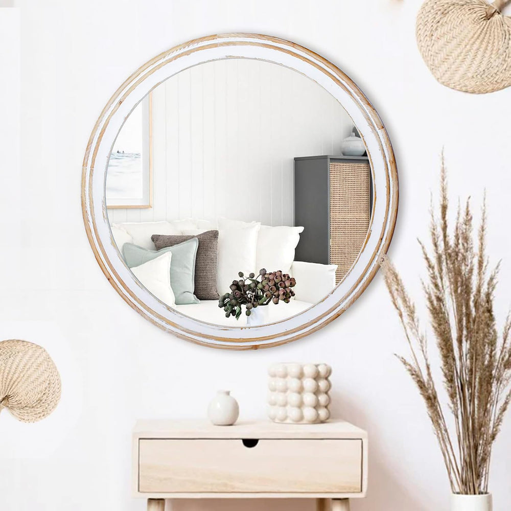 30 Inch Farmhouse Round Wall Mirror, Rustic Wood Decorative Circle Mirrors