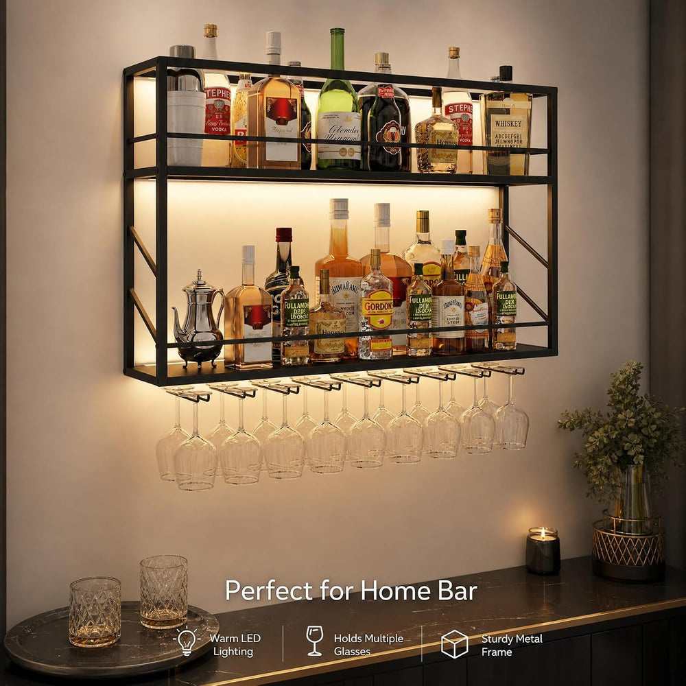 2-Tier Wall Mounted Wine Rack with LED, 31.5”W x 7.8”D x 26”H | Metal Bar Liq...