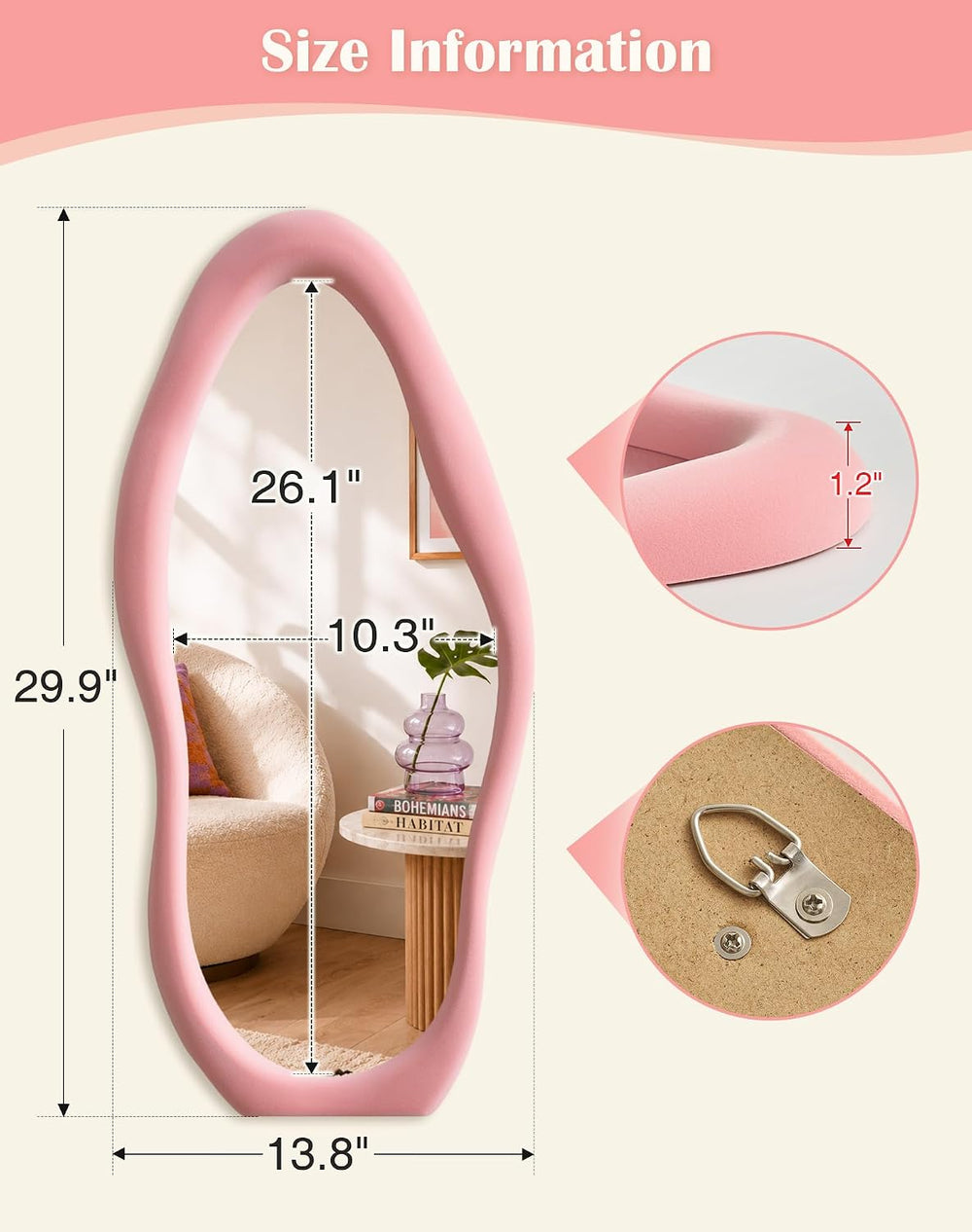 Irregular Wall Mirror Decor for Living Room Hallway,30x14",Soft Pink
