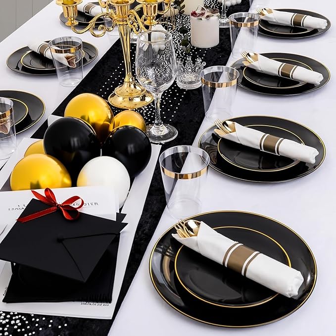 KIRE 350 PCS Plastic Dinnerware Set for 50 Guests - Black and Gold Plates 50 ...