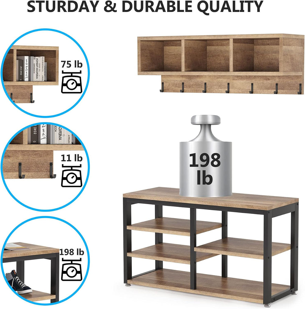 Tribesigns Coat Rack Set, Hall Tree, Industrial Shoe Bench, 3 Storage Cubbies...