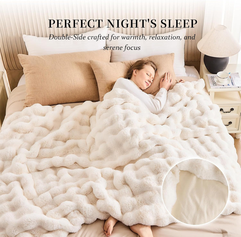 Cozy Bubble Faux Fur Twin Blanket for Couch, 60x80 Cream | Luxury Plush Fluffy Thick Blanket, Warm Soft Fuzzy Throw for Sofa Chair Bedroom and Living Room