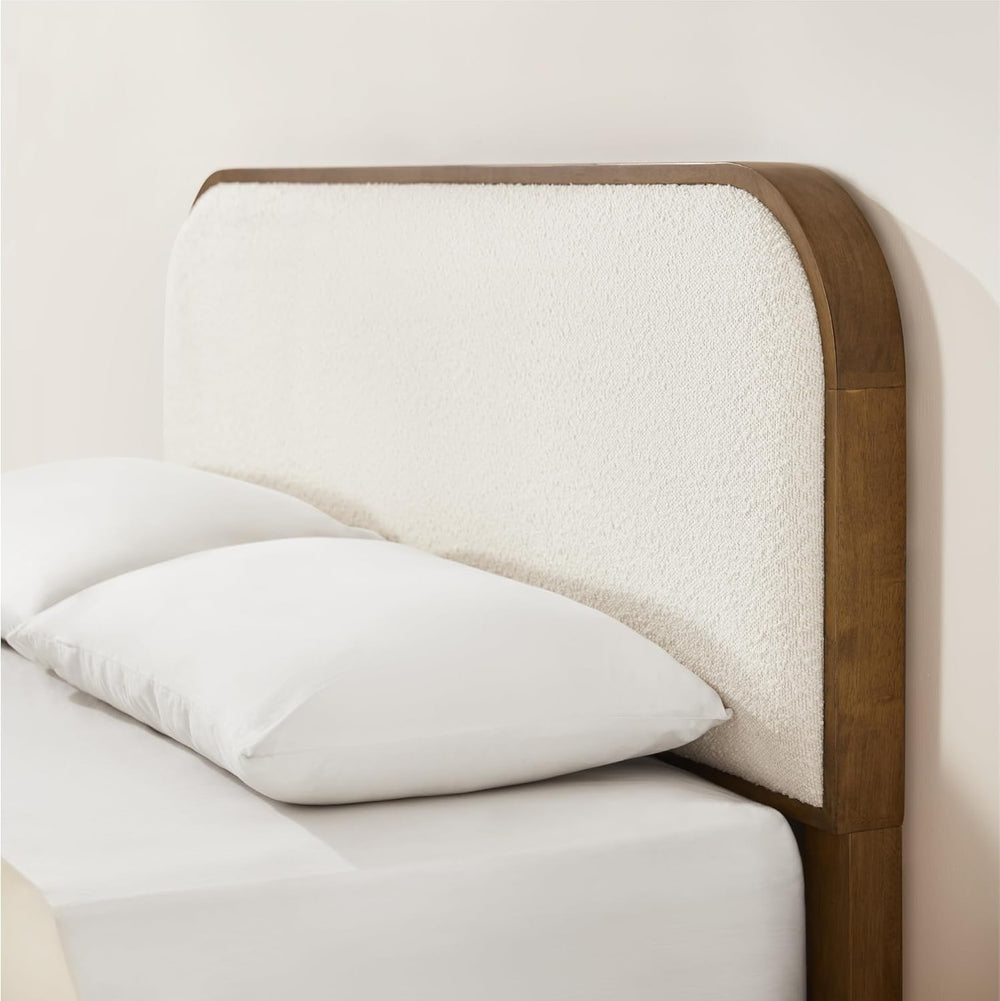 KISLOT Wood Bed Frame with Upholstered Headboard, Mid-Century Boucle Fabric P...