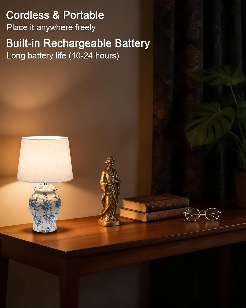 13.6" Cordless Ceramic Table Lamp Rechargeable Battery Operated