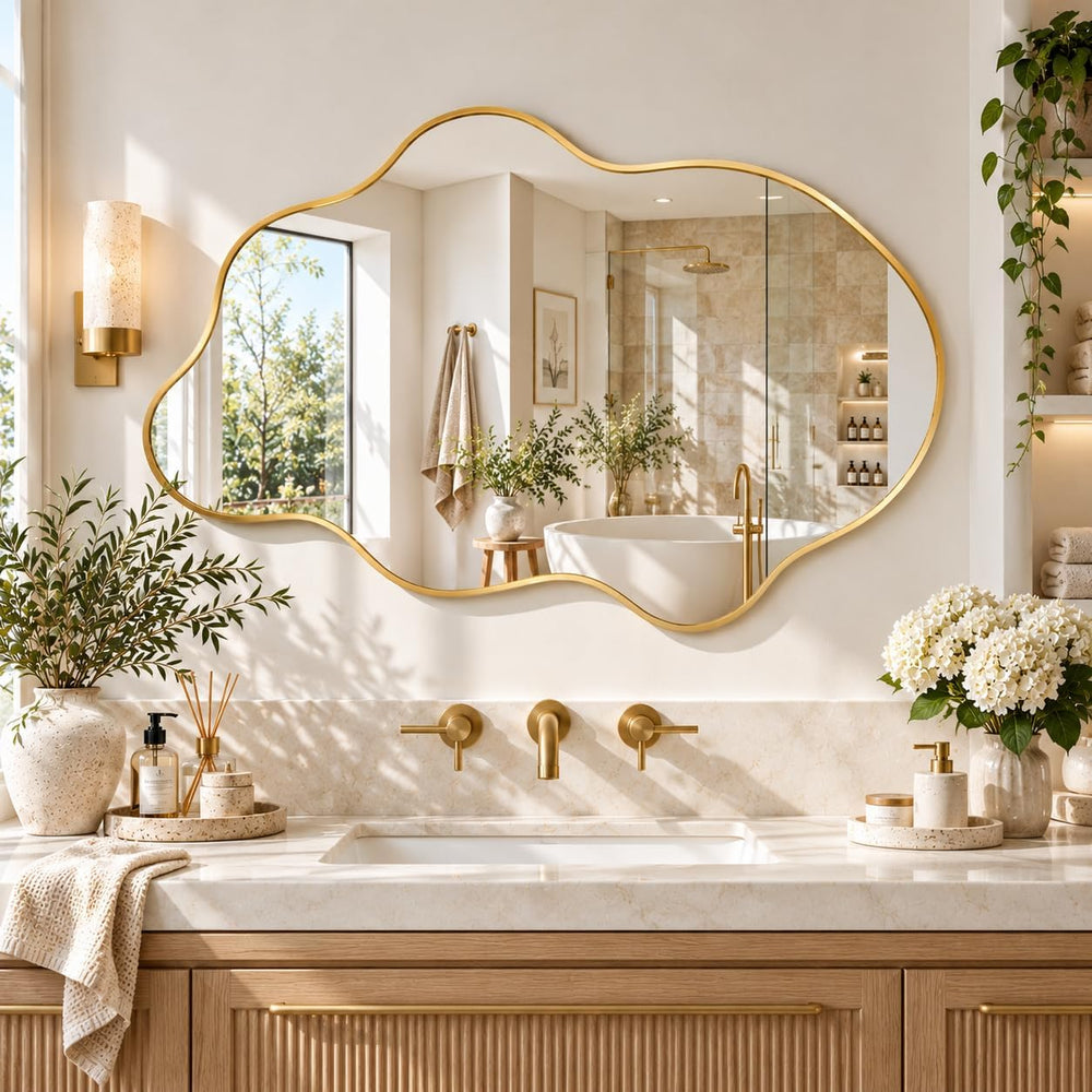 Gold Irregular Wall Mirror, Asymmetrical Bathroom Mirrors for wall