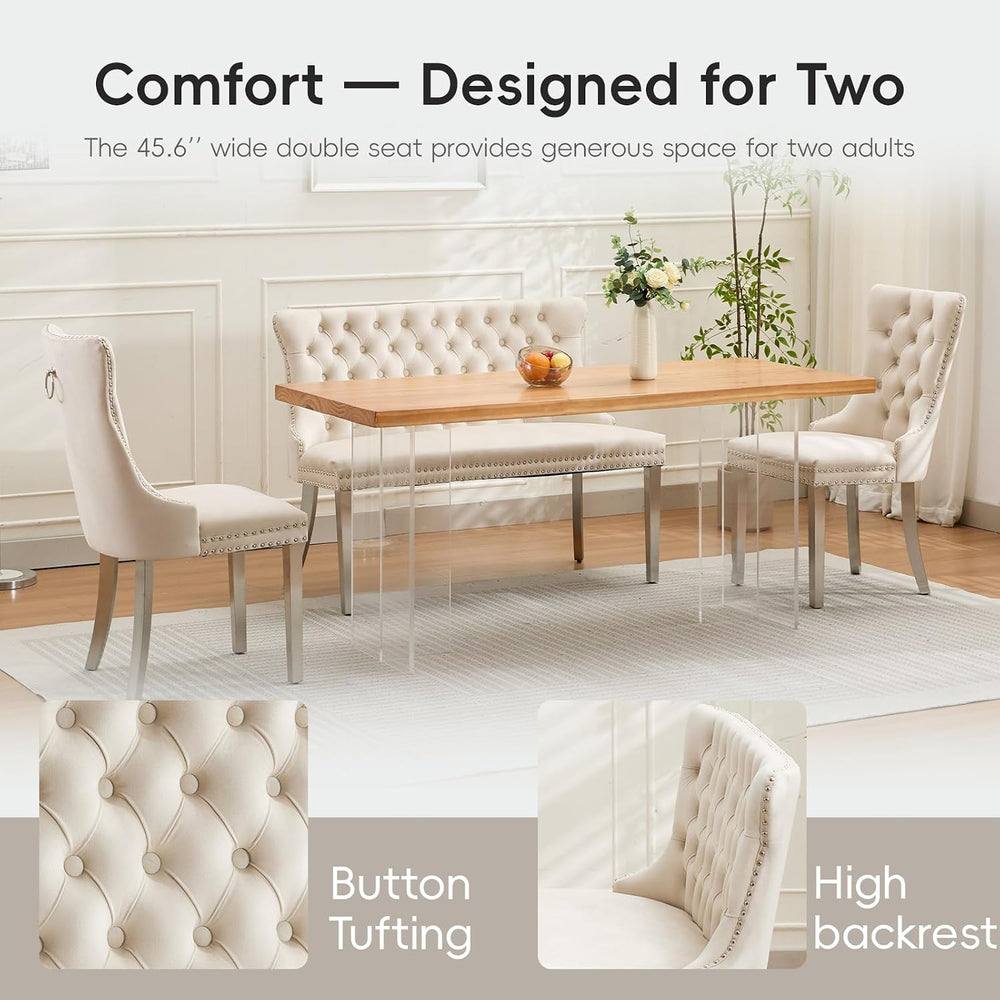 Beige Velvet Dining Bench, Tufted Upholstered Dining Loveseat