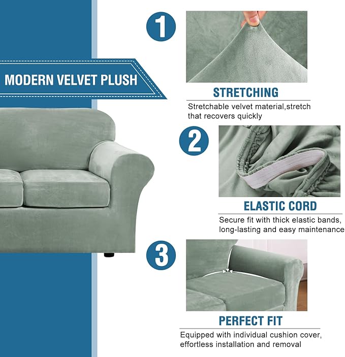 H.VERSAILTEX Modern Velvet Plush 4 Piece High Stretch Sofa Slipcover Sofa Cover - Image 3