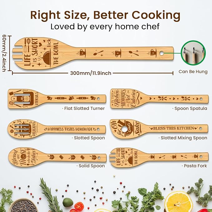 CUTHOLLOW 6PCS Kitchenware Wooden Kitchen Cooking Utensil Set, 11.9in Non Toxic - Image 2