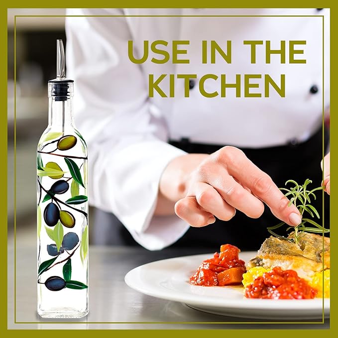 17oz Hand Painted Glass Olive Oil Bottle Dispenser- 500ml Green Oil & Vinegar - Image 4