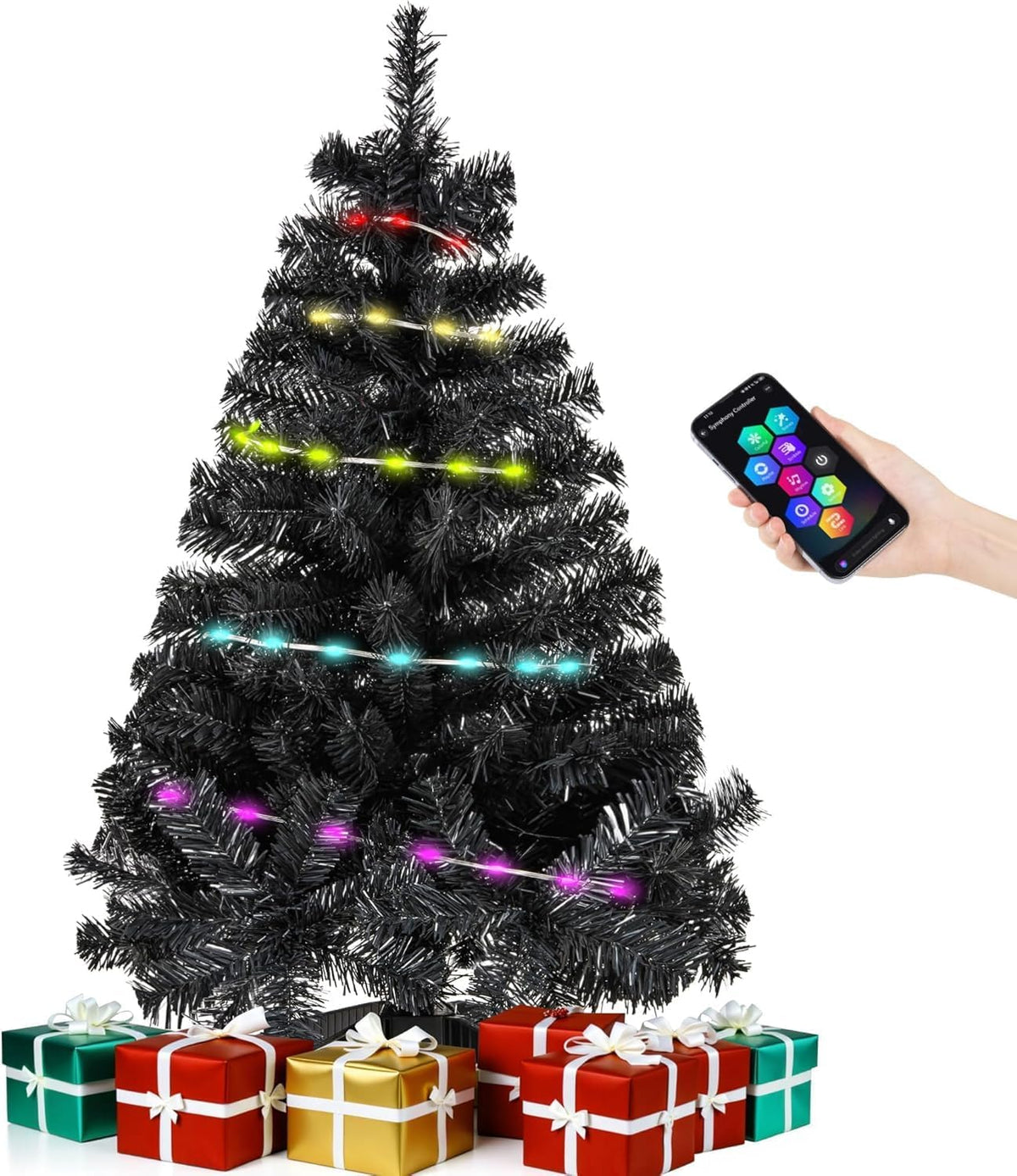 Black 3ft Christmas Tree with Lights, Halloween 36inch Artificial Small Tree Mini Table Top Decorations, Xmas Desk Tree with 80 Color Lights, 200 Branch, Holiday Decor for Home,Indoor Office Tabletop