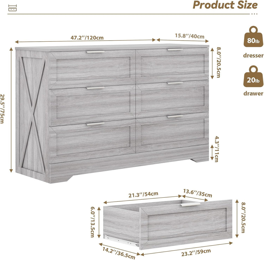 Modern Dressers & Chests of Drawers, Wide TV Stand for Bedroom, Wash Grey