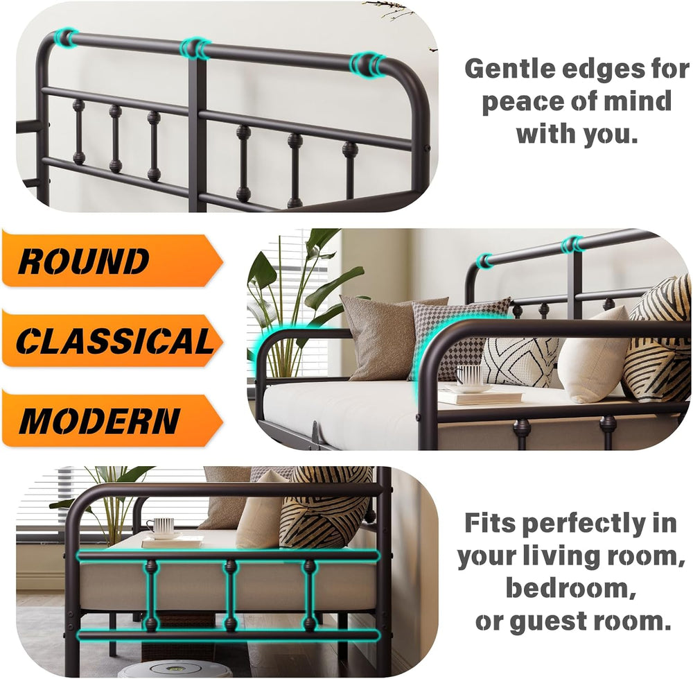 Twin Daybed Frame, Exquisite Day Bed Frame Twin Size with Headboard, Metal Pl...