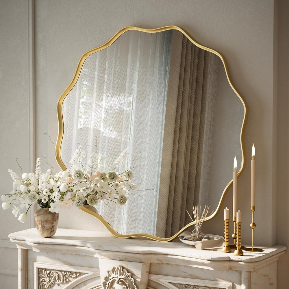 VooBang Gold Scalloped Circle Mirror, 30" Wavy Edge Round Wall Mirror