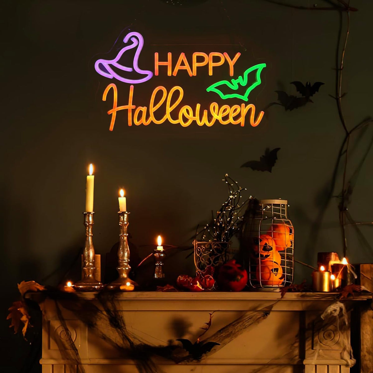 Qmetalart Happy Halloween Neon Sign, USB Powered LED Wall Decor