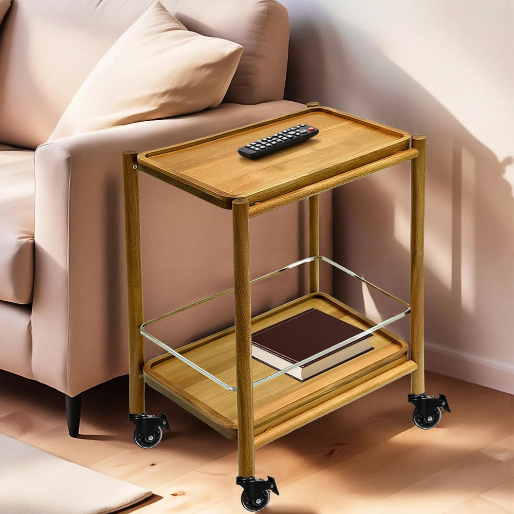 Acacia Wood Rolling Side Table, 2-Tier with Lockable Wheels & Removable T...