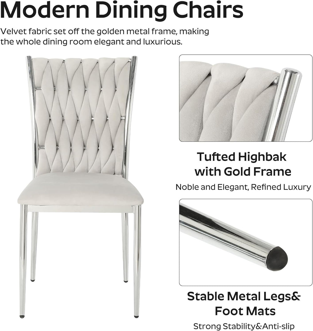 Modern Dining Chairs Set of 6, Light Grey Velvet Woven Kitchen Chair with Sil...