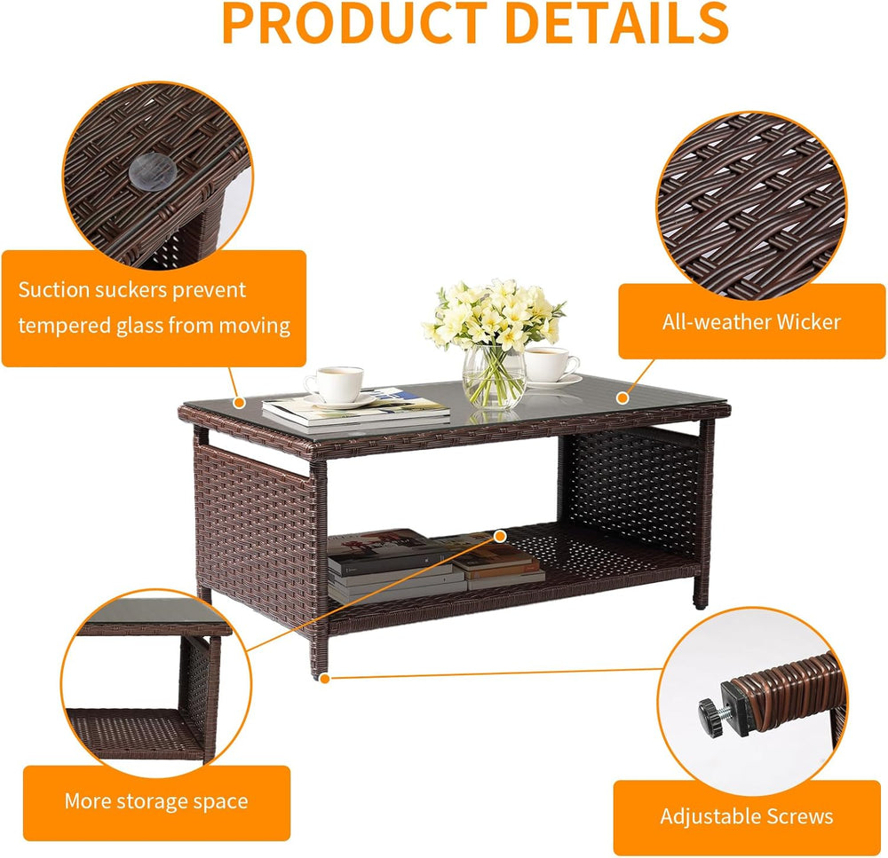 VINGLI Outdoor Wicker CoffeeTable Patio Coffee Tables for Outside, Tempered G...