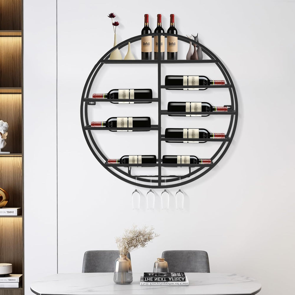 23.6 Inch Wall Mounted Wine Rack w/Glass Holder, Round Iron Wine Shelf, 7 Bot...